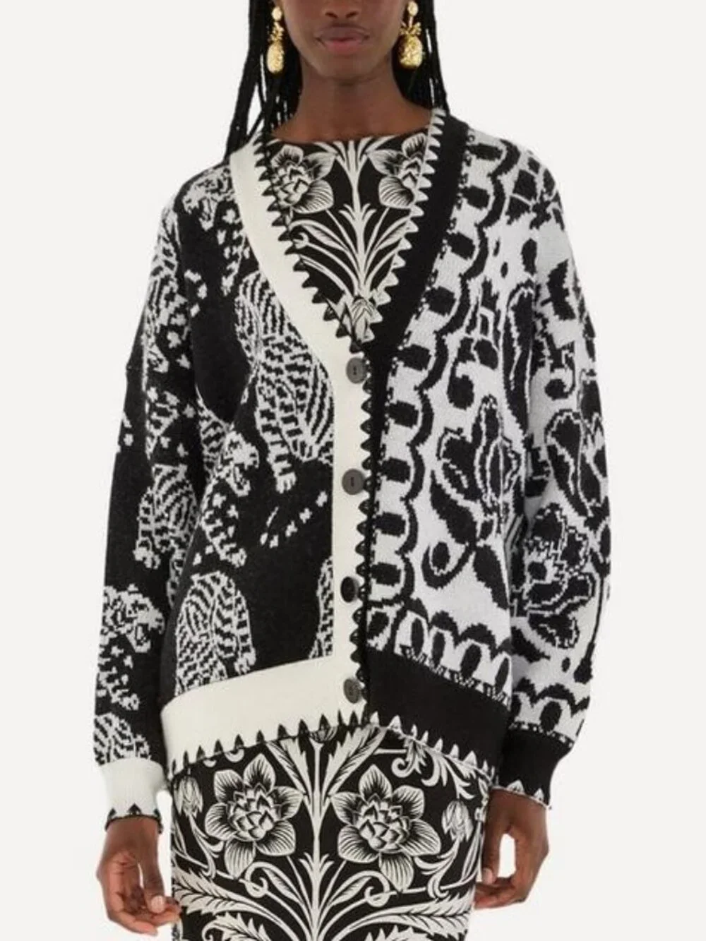 Farm Rio Black & White Mixed Striped Tigers Buttoned Knit Cardigan Size XL